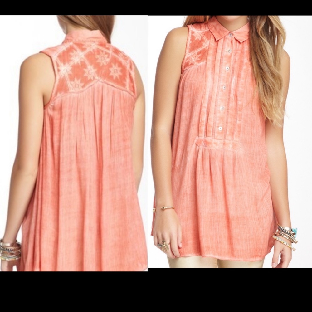 FREE PEOPLE Button sleeveless lightweight top, beach summer casual shirt coral